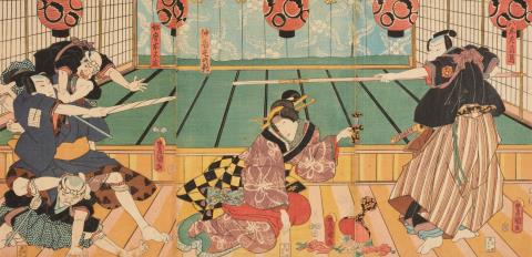 Kunisada Utagawa - a) Two ôban triptychs. Theater scenes. Signed: Toyokuni ga. b) Ôban from Edo meisho. Kasumigaseki. Signed: Hiroshige ga. c) Ôban triptych. The First Crossing of the Ryôgoku Brid...
