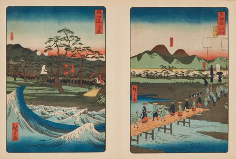 Utagawa Kunisada - Utagawa Kunisada I (1786-1864) and Kunisada II (1823-1880), Utagawa Hiroshige II (1826-1869), Tsukioka Yoshitoshi (1839-1892), etc.
30 x 22.7 cm. Orihon album Hiroshige Toyokun...