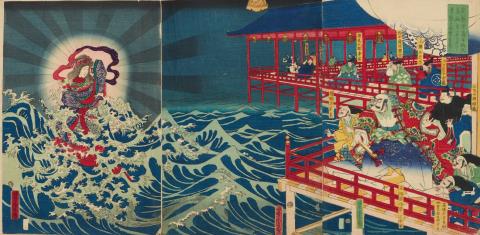 Yoshitora Utagawa - Ôban triptych. Title: Aki Miyajima Benzaiten shintai o arawashi Kiyomori ga isei o kujiku. Benzaiten appears to Taira Kiyomori and his men at Miyajima, prompting the founding of...