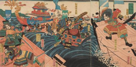 Yoshitora Utagawa - Ôban triptych. Title: Yashima Dannoura ôgassen no zu. Yoshitsune jumps ship in the Battle of Dannoura. Imperial barge in the background. Signed: Yoshitora ga. Publisher: Izutsuy...