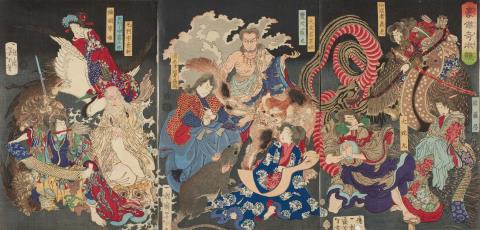 Yoshitoshi Tsukioka - Ôban triptych. Title: Gôketsu kijutsu kurabe. Competition of powerful magicians. Signed: Ôju Ikkaisai Yoshitoshi hitsu. Publisher: Masadaya. Censor/date: aratame, 12/1869. Rare....