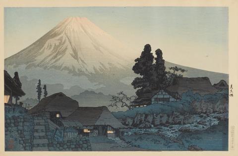 Hiroaki Takahashi - 26 x 40 cm. Title: Mizukubô. Mount Fuji. Signed: Hiroaki. Seal: Hiroaki. Publisher: Watanabe Shôsaburô. Circa 1936.

Very good impression, colours and condition, paper slightl...