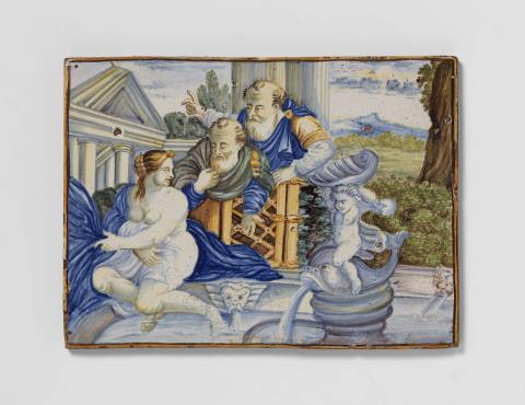Annibale Carracci - A Castelli majolica plaque depicting Susanne in her bath