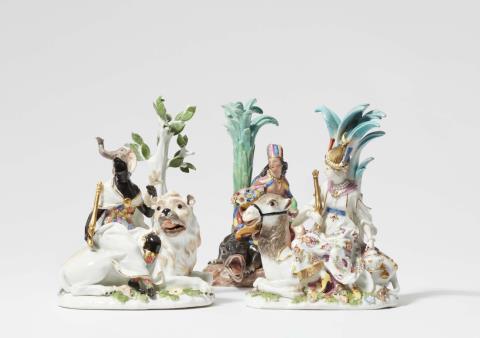Johann Joachim Kaendler - Three Meissen porcelain allegorical figures representing Africa, Asia, and America