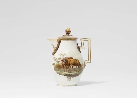 Hendrikus van de Sande Bakhuyzen - A Meissen porcelain jug with a depiction of cows after Hendrikus van de Sande Bakhuyzen