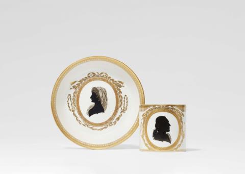 Gottlob Samuel Mohn - A Meissen porcelain cup with a portrait of Count Camillo Marcolini and a saucer with Maria Anna O'Kelly