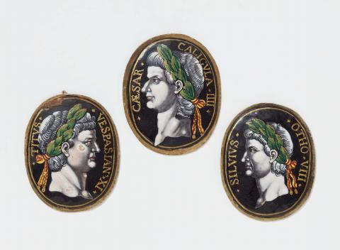 Three Limoges enamel plaques with depictions of Roman emperors
