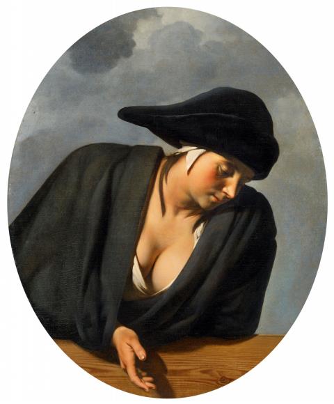 Caesar Boetius van Everdingen - Junge Bäuerin mit schwarzem Hut an einem Zaun