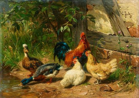 Carl Jutz d. Ä. - Hühner und Enten an einer Wasserstelle