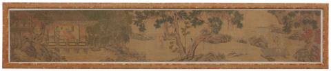 Mengfu Zhao - River landscape with a pavilion and a scholar servant, one bringing him a qin (zither). Ink and colour on silk. Inscribed Zi Ang, together with a collophone referring to Wenmin ...