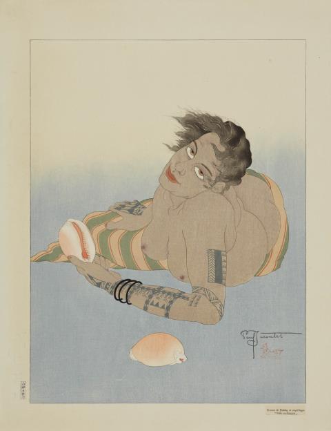 Paul Jacoulet - Femme de Falalap et coquillages. Reclining tattooed woman with shells.