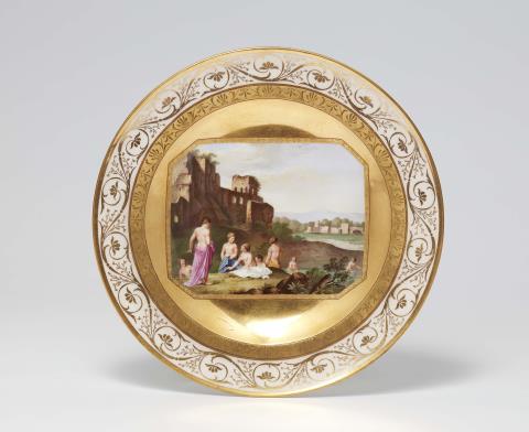 A Berlin KPM porcelain plate with bathing nymphs after Jacob Philipp Hackert
