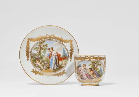 A Meissen porcelain cup and saucer with scenes after Angelika Kauffmann