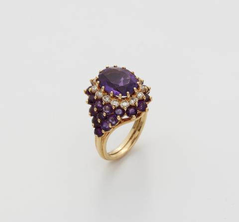 A French 18k gold and amethyst cluster ring.