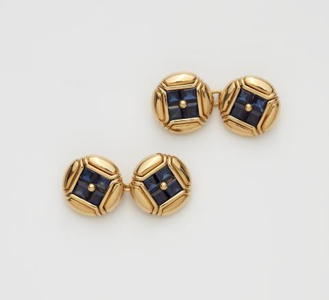 A pair of Italian 18k gold and square-cut sapphire cufflinks.