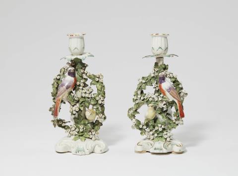  Derby Porcelain Manufactory - A pair of rare Derby porcelain candlesticks with birds