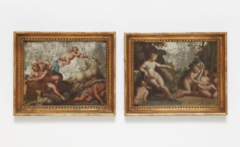 Luca Giordano - Two reverse glass panels with mythological scenes