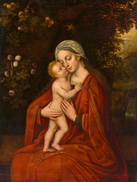  Bruges School - Madonna embraced by the Christ Child in front of a Rose Bush