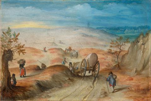 Flämischer Meister Anfang 17. Jahrhundert - Hügellandschaft mit Fuhrwerken und Landleuten auf einem sandigen Weg