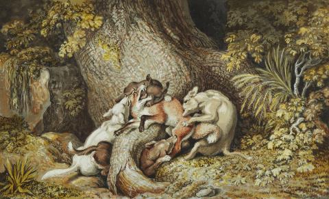 Johann Heinrich Wilhelm Tischbein - Dogs fighting a Fox by a Tree