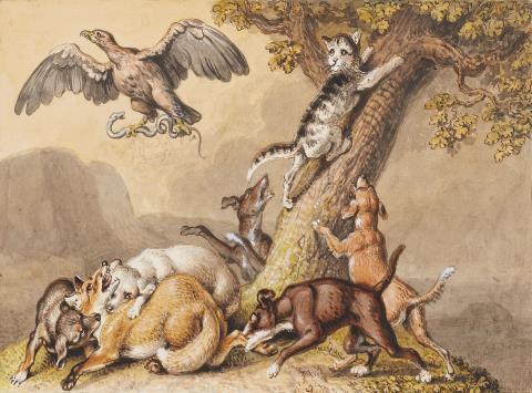 Johann Heinrich Wilhelm Tischbein - Die Katze flüchtet auf einen Baum und die Hunde beißen den Fuchs