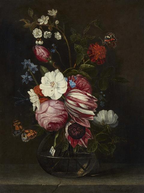 Cornelis Kick - Blumen in einer Glasvase mit Schmetterlingen und einer Libelle