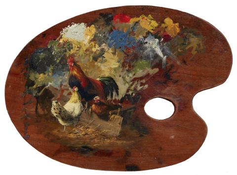 Carl Jutz d. Ä. - Palette mit Farbresten und Darstellung eines Hahns und zweier Hennen