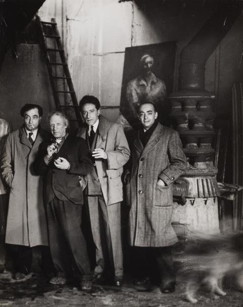 Brassaï (Gyula Halász) - Pierre Reverdy, Picasso, Jean Cocteau and Brassaï in Picasso's studio at rue des Grands Augustins, Paris
