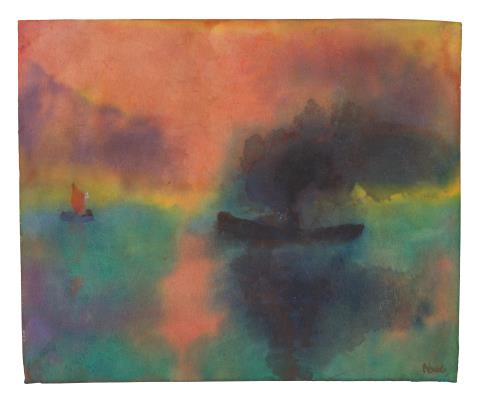 Emil Nolde - Abendmeer mit Segelboot und Dampfer
