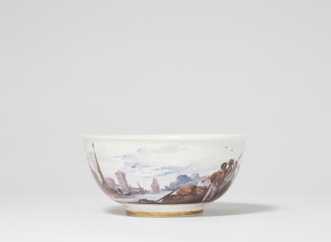 Johann George Heintze - A museum quality Meissen porcelain dish with merchant navy scenes