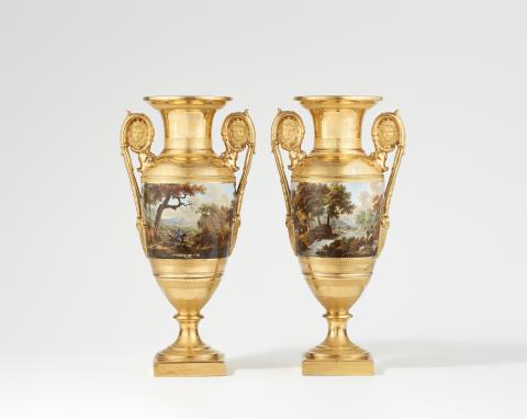 Jacques François Swebach Desfontaines - A pair of porcelain amphora vases with hunting motifs