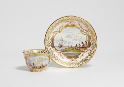 Johann George Heintze - A Meissen porcelain tea bowl and saucer with merchant navy and calendar decor