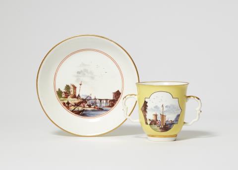 Johann George Heintze - A Meissen porcelain beaker and saucer with merchant navy scenes and coloured ground