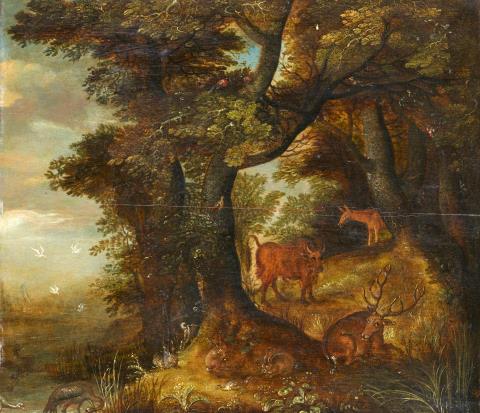 Roelant Savery - Forest Landscape with Deer and a Cow