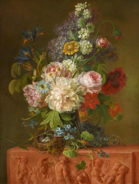 Willem van Leen - Blumenbouquet und Vogelnest auf einem reliefierten Sockel