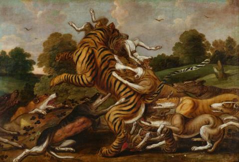 Frans Snyders, circle of - Dogs Attacking a Tiger