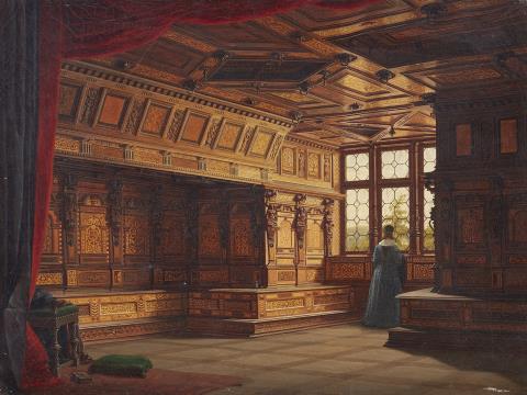 Heinrich Anton Heger - Richly panelled interior with lady at the window