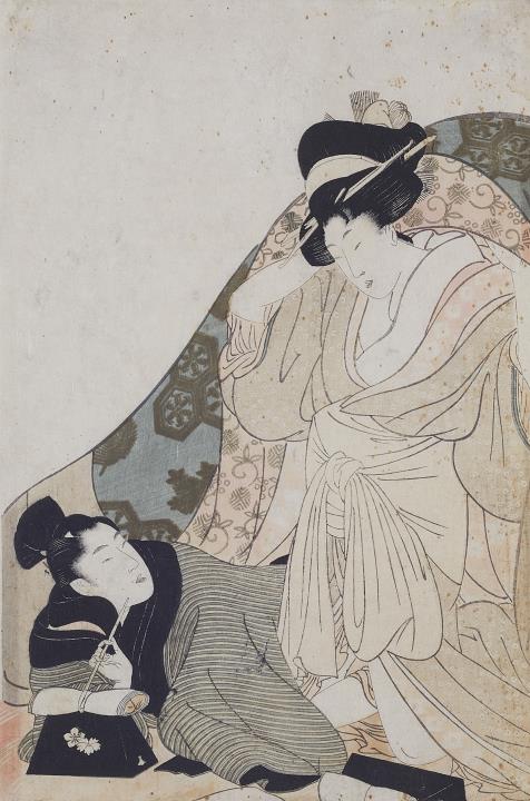 Utamaro Kitagawa - Ôban. Abuna-e. Playful lovers half under the covers. Unsigned. Without publisher mark. Rare.