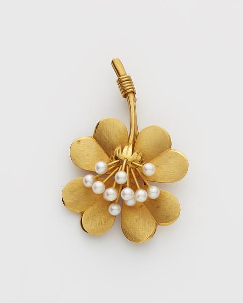 A German 18k gold and cultured pearl clover brooch.