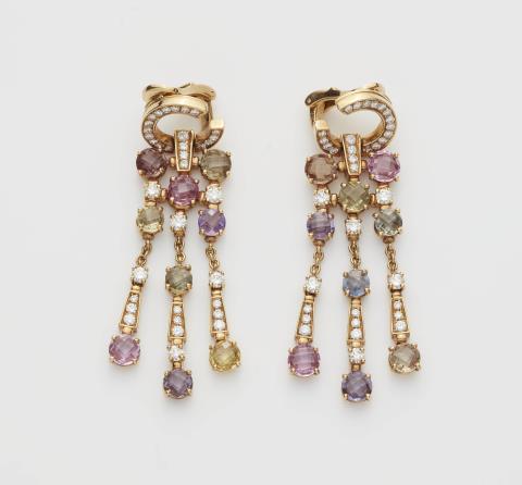 A pair of Italian 18k gold diamond and multicolour sapphire chandelier clip earrings.