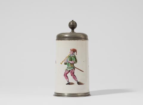  Proskau - A pewter mounted Prószków faience jug with a musician (flute)