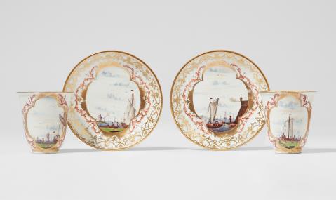 Christian Friedrich Herold - A pair of beakers and saucers with merchant navy scenes