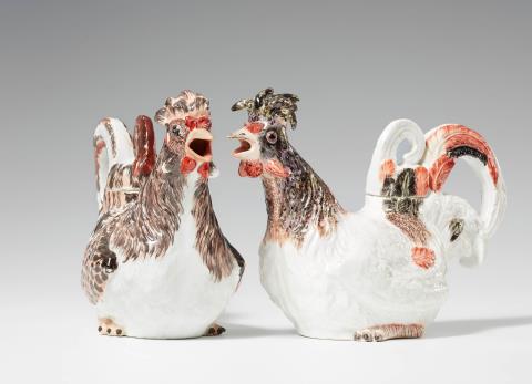 A rare pair of Meissen porcelain chicken jugs