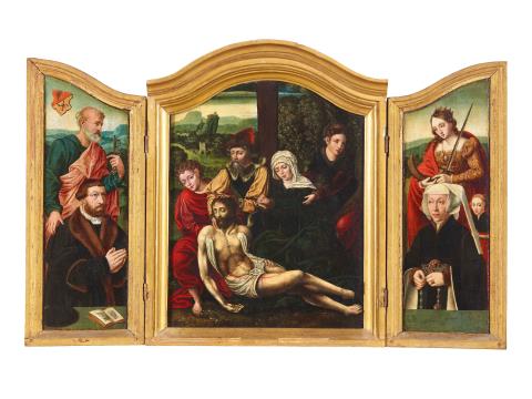  Antwerpener Meister - Flämisches Triptychon mit der Beweinung Christi und Kölner Stifterbildnissen