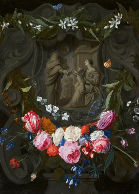 André Bosman - Die Hl. Anna überreicht Trauben an Maria mit dem Kind. Grisaillemalerei in einer Kartusche umgeben von Blumengirlanden