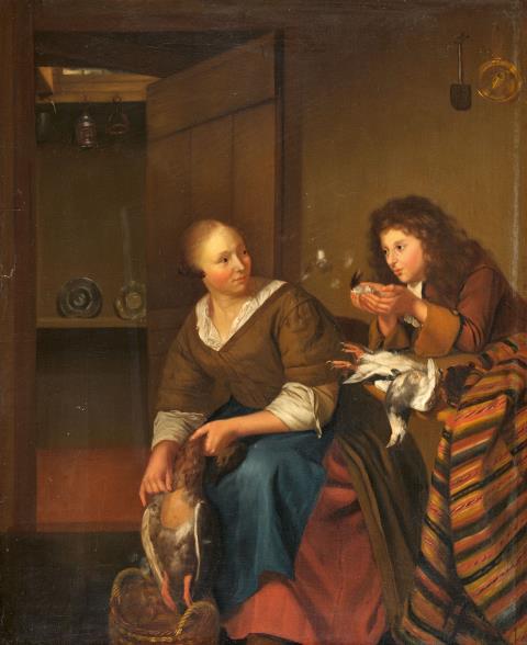 Willem van Mieris, Umkreis - Interieur mit einer Magd beim Gänserupfen und einem Jungen