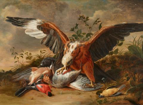 Jacob Xavier Vermoelen - Ein Falke mit seiner Beute: ein flämischer Eichelhäher, ein männlicher und ein weiblicher Gimpel und ein Rebhuhn, in einer Landschaft mit Disteln und anderen Wildblumen