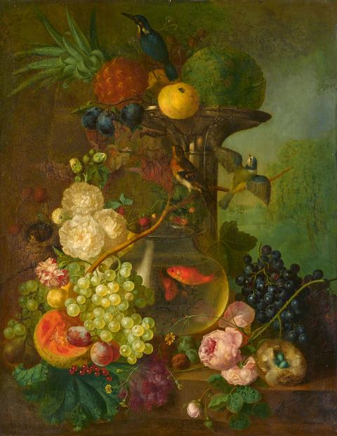Jan van Os - Stillleben mit einem Goldfischglas, Vogelnestern, Früchten und Blumen auf einem Steinsockel