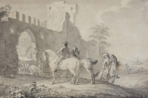 Johann Georg Pforr - Reiter und Fuhrwerk an einer mittelalterlichen Stadtmauer