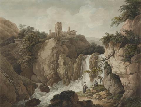 Adrian Zingg - Rocky Landscape with Castle Ruins and Waterfall